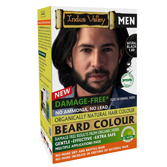 Indus Valley Men's beard color packaging with a man's face on a white background
