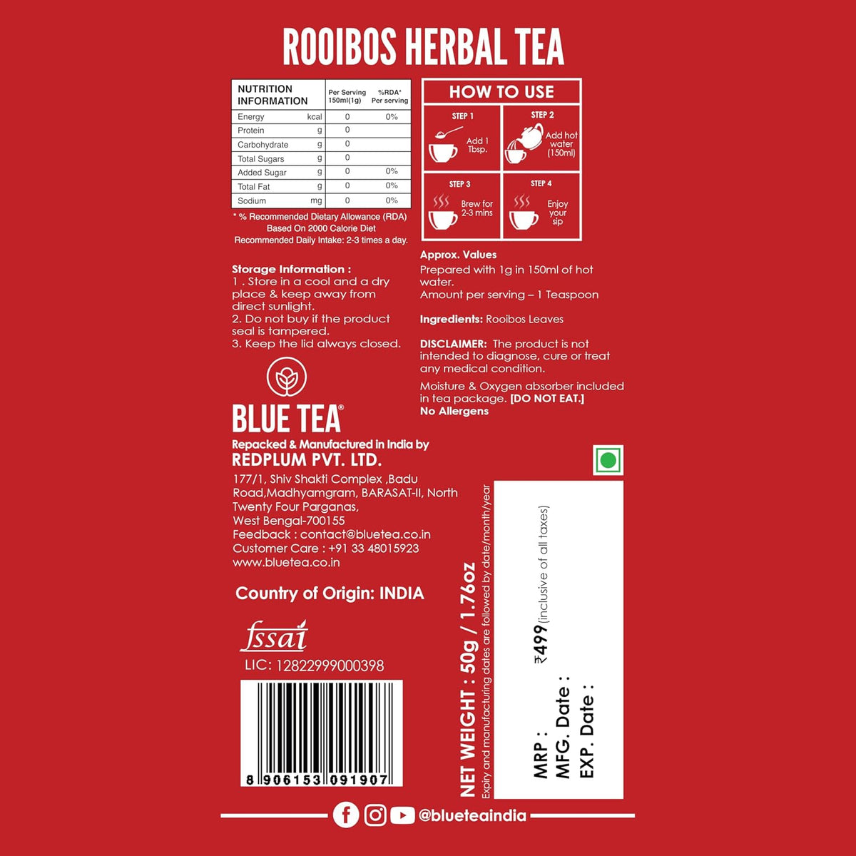 BLUE TEA - Rooibos Tea - 50gm - 50 Cups | ANTIOXIDANT RICH | Weight Management - Flower Based - Detox Tea - Herbal Tea | Pet Jar Packaging