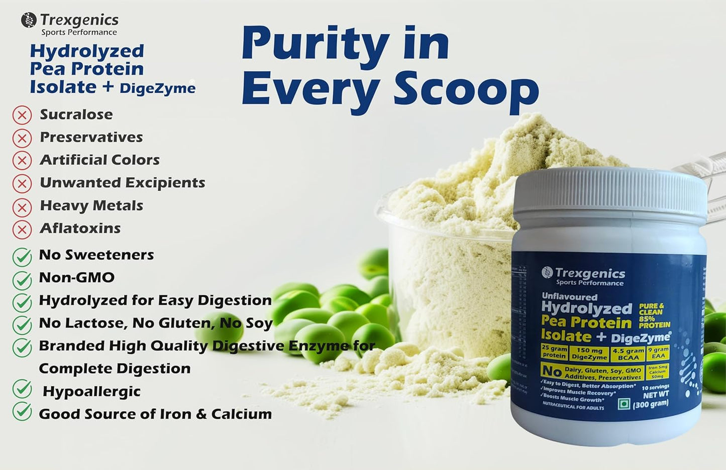 Trexenigenics protein powder with a list of product features on a white background