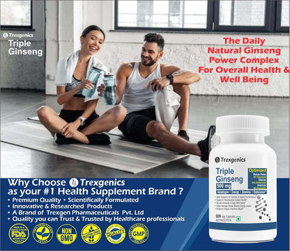 Two people sitting on a yoga mat with Trexegenics Triple Ginseng supplement bottle and promotional text.