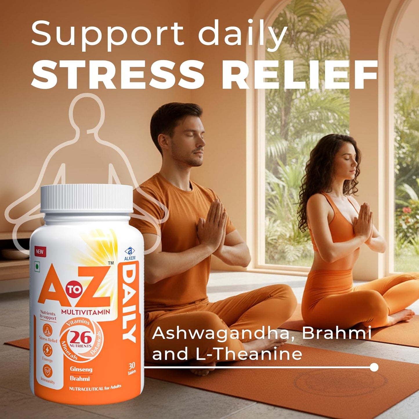 A to Z Daily Multivitamin for Men & Women | 26 Essentials Vitamins & Minerals with Ashwagandha, Brahmi, Ginseng & L-Theanine | Energy, Immunity & Stress Support | 30 Veg Tablets
