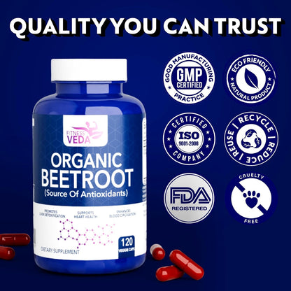 Bottle of Organic Beetroot supplement with certification logos on a blue background