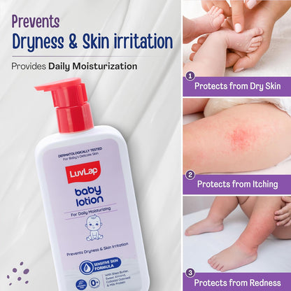 LuvLap Baby Lotion with Milk Protein - 400ml, Gentle Daily Lotion for Face & Body, 24 Hour Protection for Sensitive Skin, Ph 5.5, Shea Butter and VIT E, Paraben Free, Dermatologically Tested