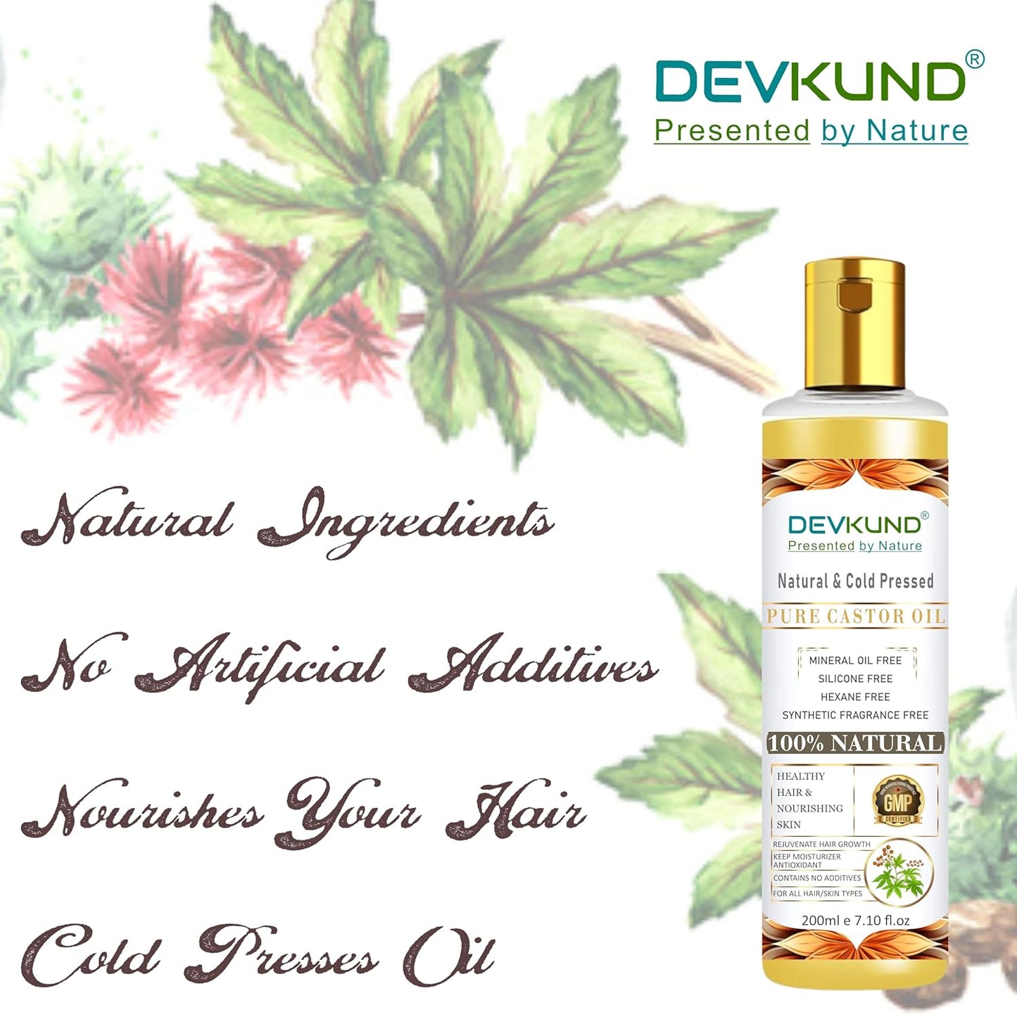 DevKund castor oil bottle with natural ingredients text and floral design