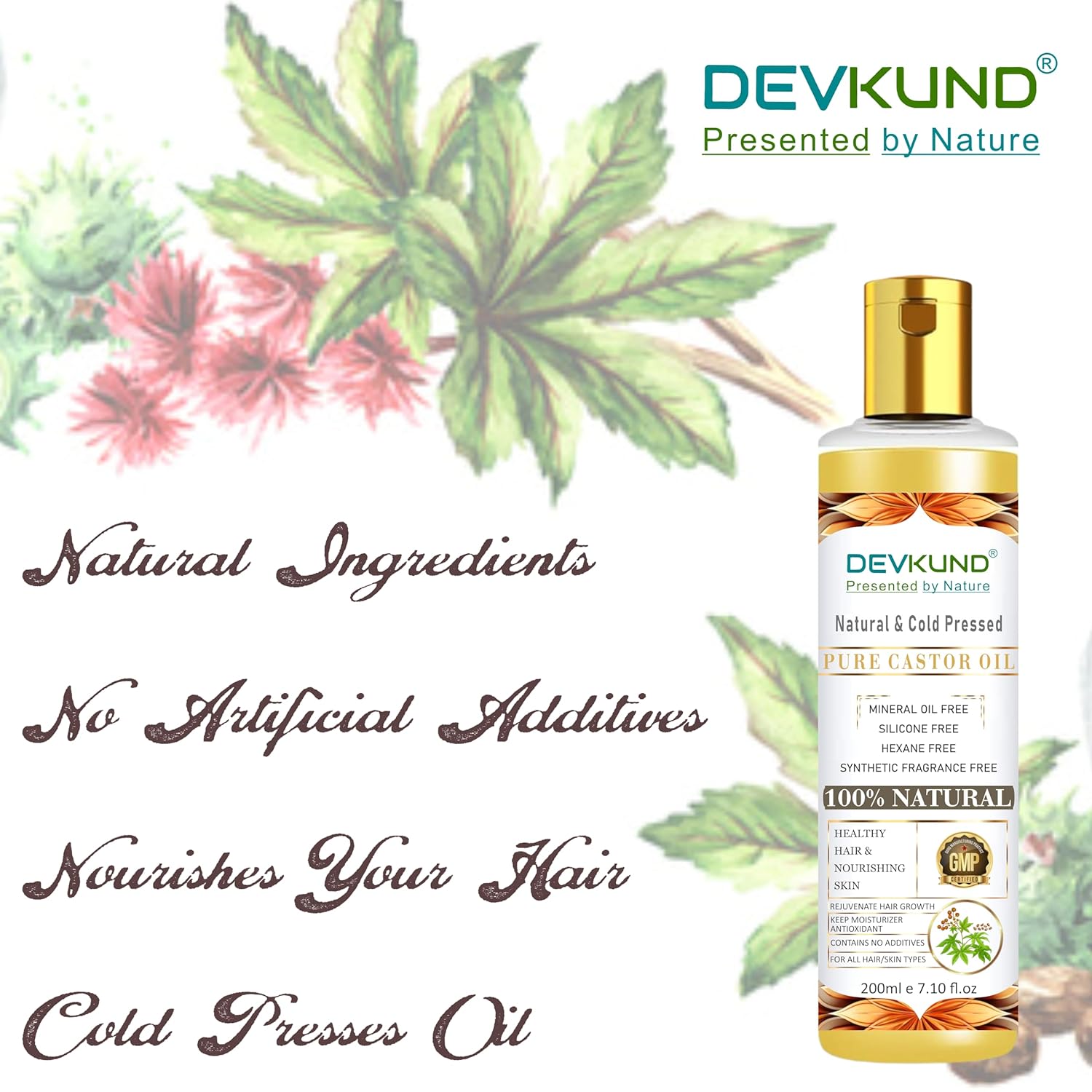 DevKund castor oil bottle with natural ingredients text and floral design