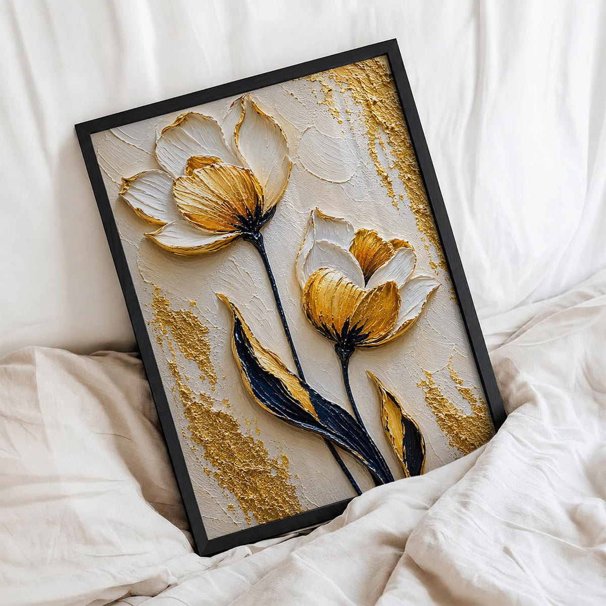 White Gold Flowers Framed Wall Art, Black, 10x13 Inches
