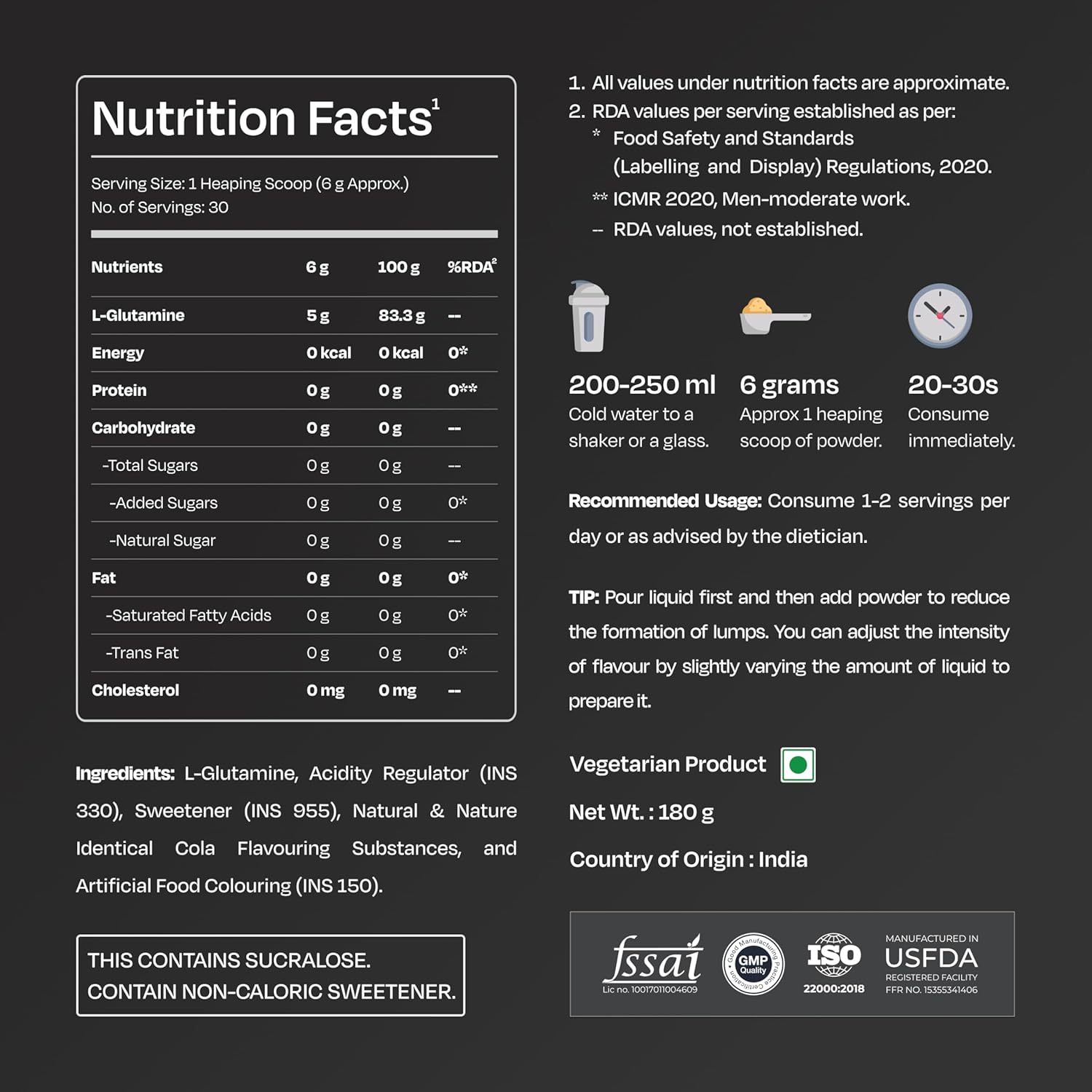 Nutrition facts label for a supplement with serving size, calories, and ingredients on a black background.