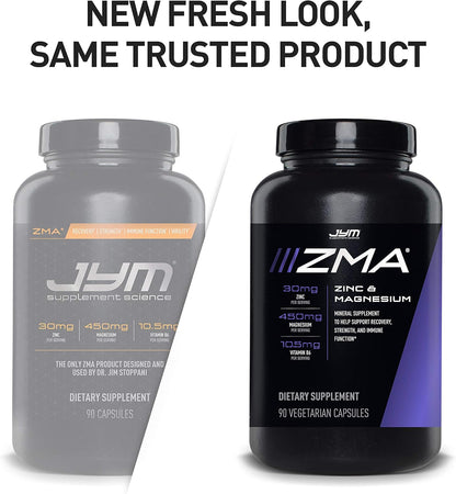 Two JYM supplement containers, one gray and one black, with text 'New Fresh Look, Same Trusted Product'.