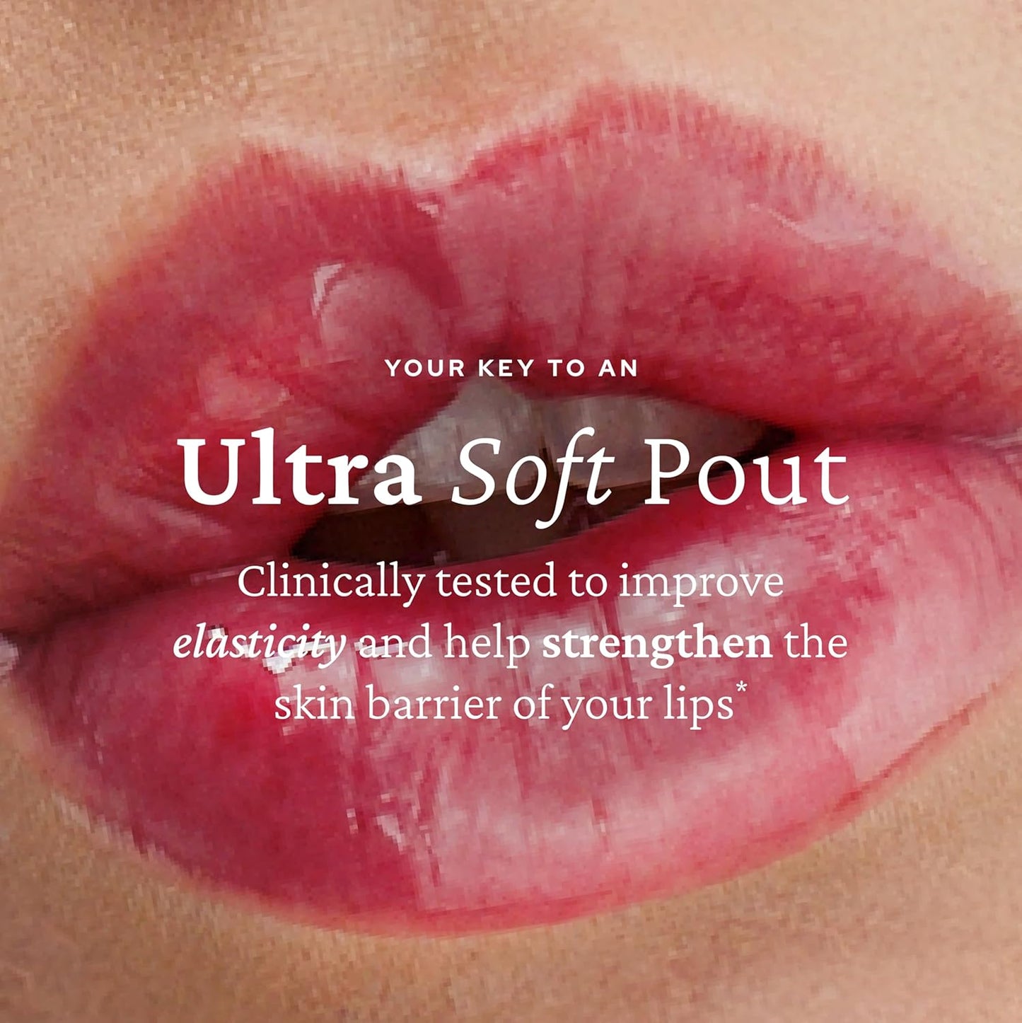 Close-up of lips with text about improving lip elasticity and strengthening the skin barrier.