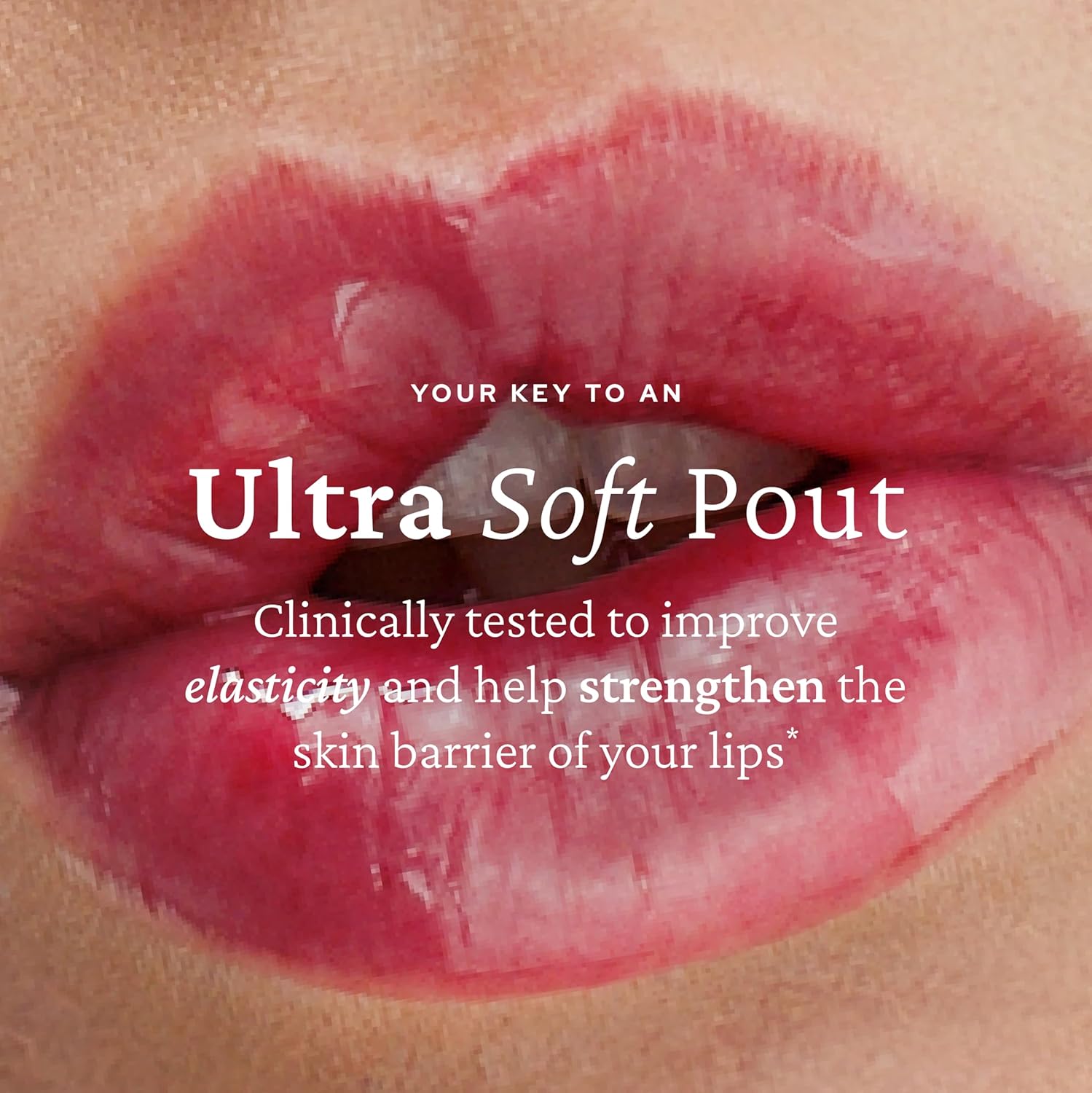 Close-up of lips with text about improving lip elasticity and strengthening the skin barrier.