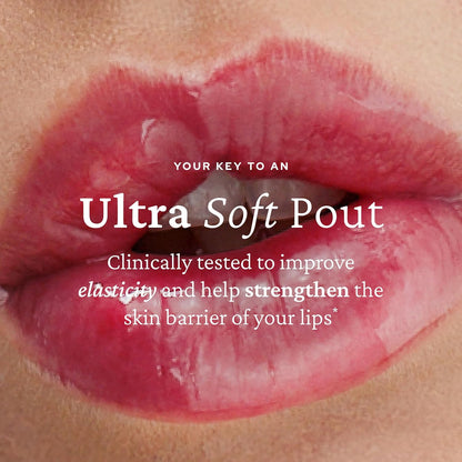 Close-up of lips with text about improving lip elasticity and strengthening the skin barrier.