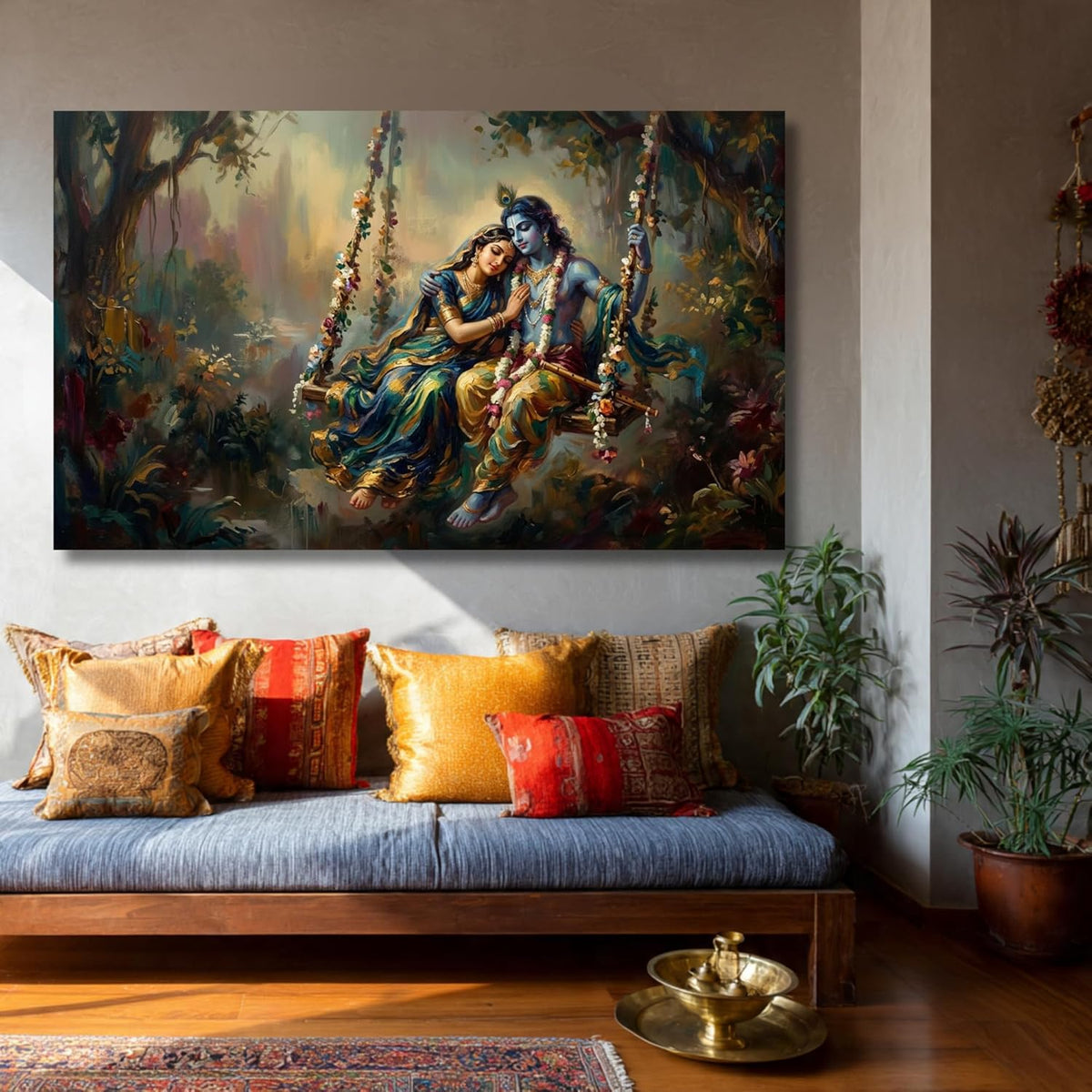 Artistic Premium Radha Krishna Canvas Painting for Living Room | Radha Krishna painting for wall Big Size | Spiritual Vastu Home Decor | Radha Krishna jhula wall painting for Bedroom | Hindu God Large Canvas Wall Painting (36 X 24 INCH, Unframed - LARGE)