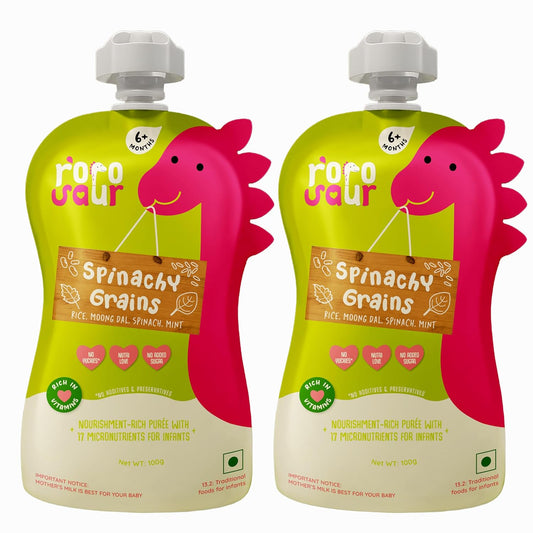 Rorosaur Baby Food Puree Pouch | Ready to Eat Palak Dal with Jowar in Pouch for 6+ Months Baby| Spinach |Easy to Digest, 100% Natural Healthy, No Preservatives, No Sugar, No Salt | 100g each, Pk of 2