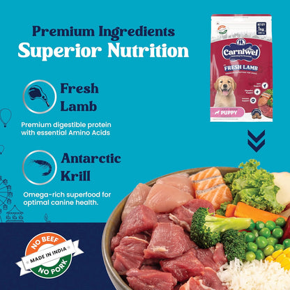 Carniwel Fresh Lamb Puppy Dry Dog Food 1 Kg | Natural Ingredients for Healthy Skin & Coat | Highly Palatable | Supports Brain & Muscle Development | Tailored, Premium Nutrition for Large Dogs