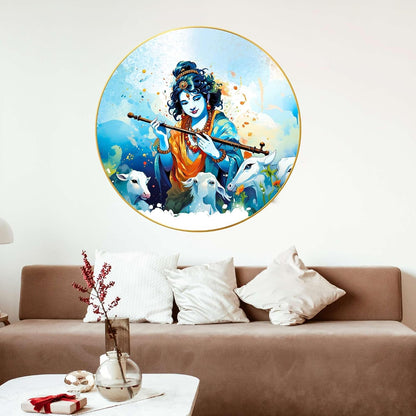 Radha Krishna Wall Painting for Wall Decoration with Frame Sparkle Glossy Round Golden Framed Large Painting Office, Living Room, Bedroom, Home Decoration (60x60 Cm CH-RKR21)