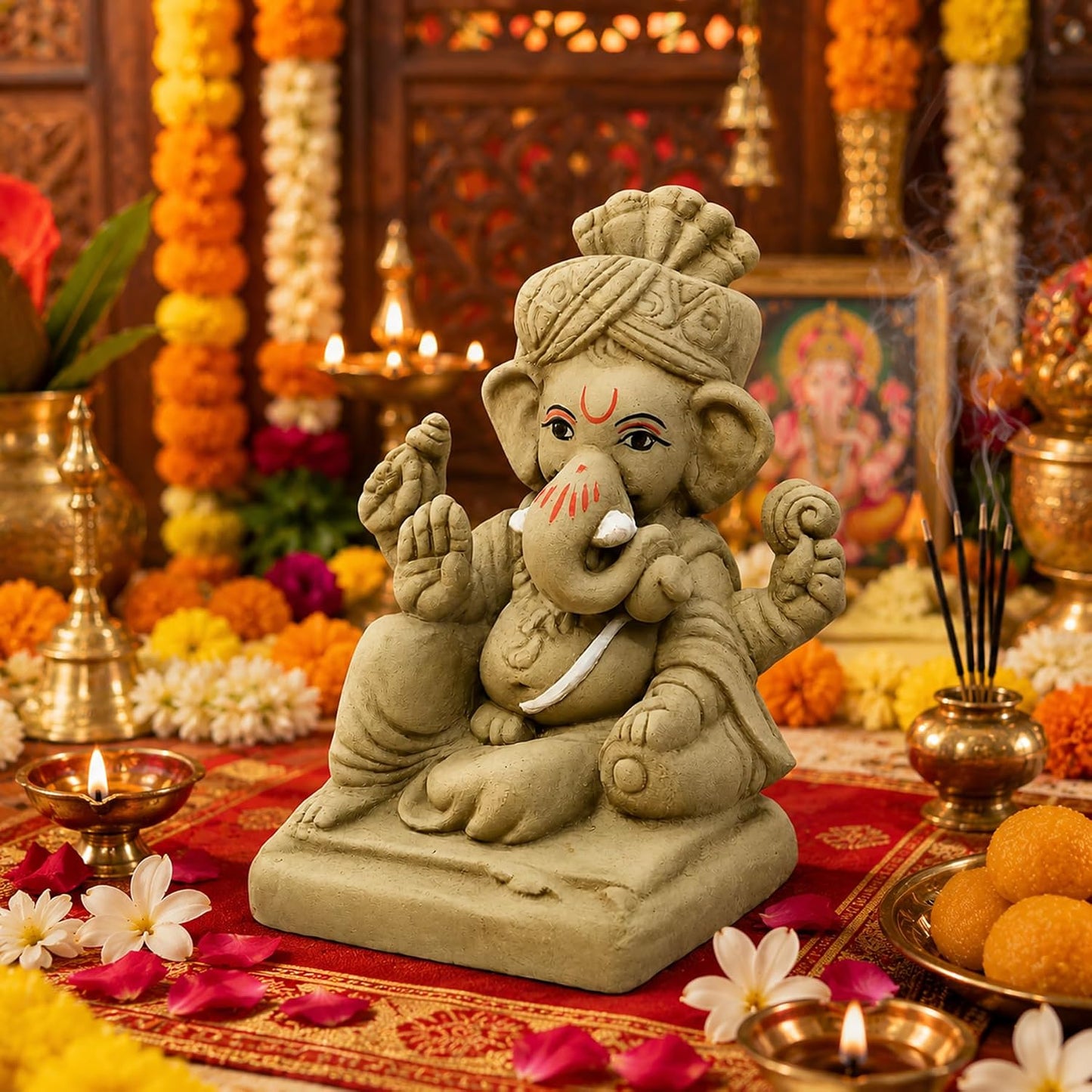 SHOPMEFAST Clay Ganesh Idol, 4 Inches Height, Water Soluble Ganpati Murti for Ganpati Visarjan (Small) (Natural Brown - Pagri Ganesha)