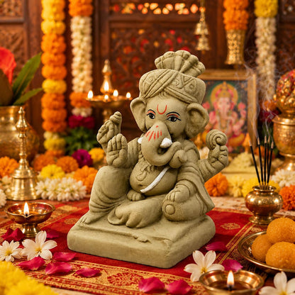 SHOPMEFAST Clay Ganesh Idol, 4 Inches Height, Water Soluble Ganpati Murti for Ganpati Visarjan (Small) (Natural Brown - Pagri Ganesha)