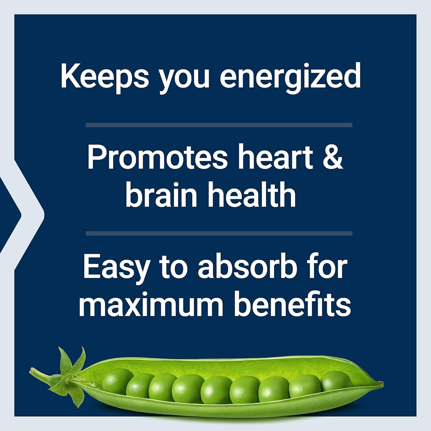 Green peas in a pod with text on a blue background about health benefits