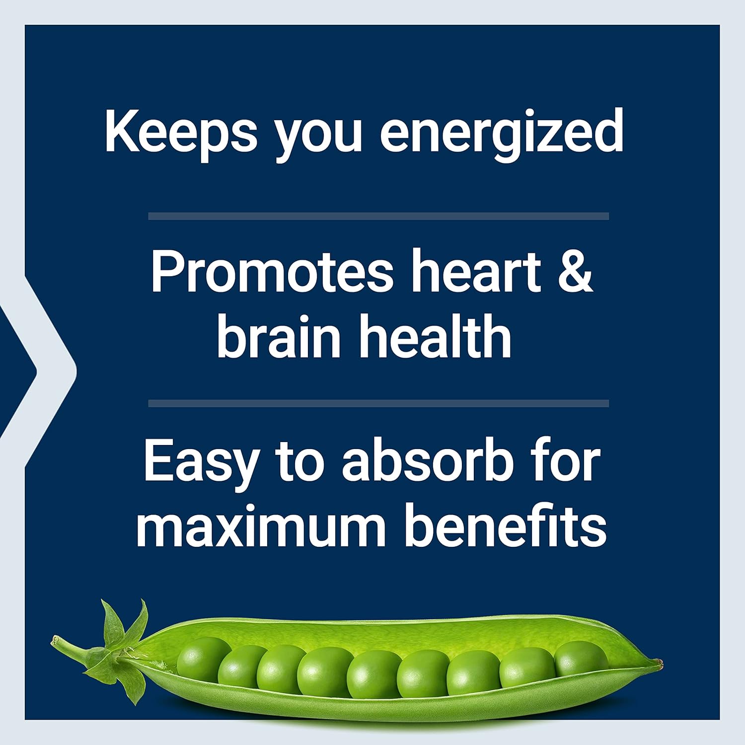 Green peas in a pod with text on a blue background about health benefits