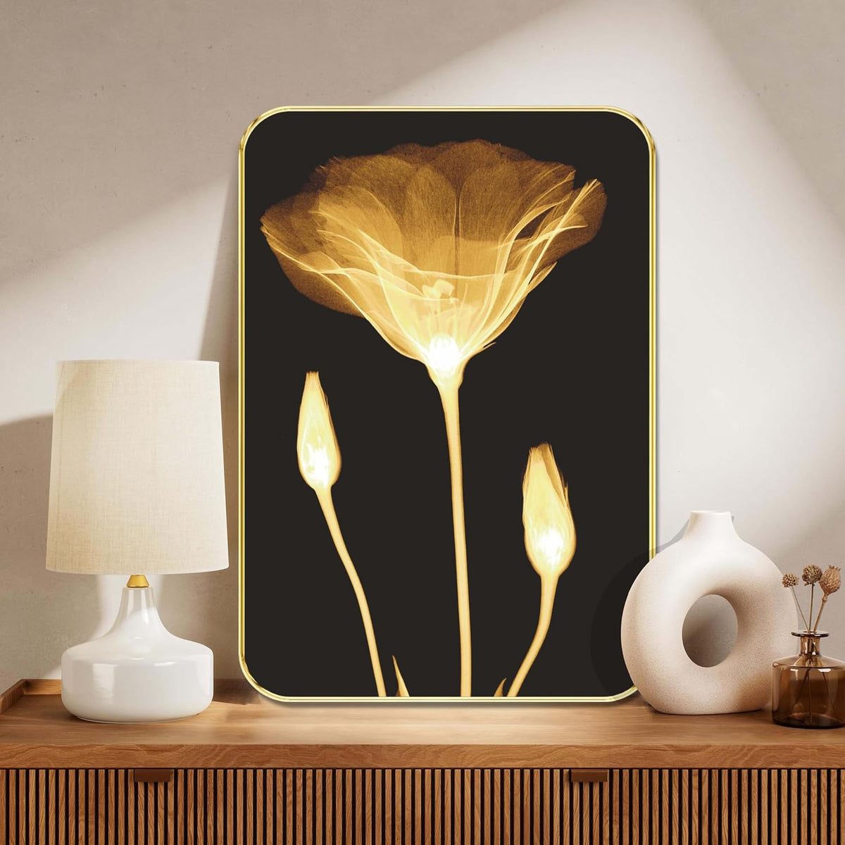 Golden Floral Wall Painting | Glowing Flower Artwork with Black Background | Modern Decorative MDF Frame for Living Room, Bedroom, Office & Home Interior Wall Décor (19 x 13 Inch) MG01-1038