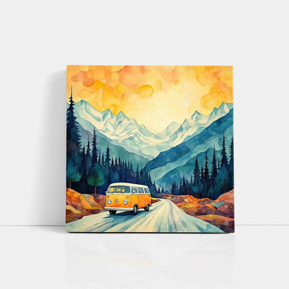 Mountain Landscape Canvas Wall Art, Yellow VW Van Print, Watercolour Nature Scene 16 Inch x 16 Inch CVS-38115