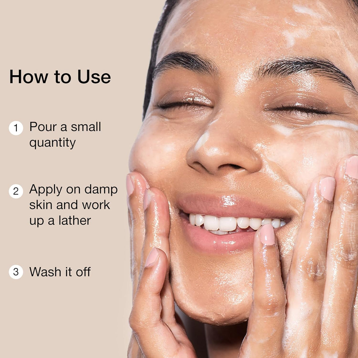 Woman applying a skincare product with text on how to use it