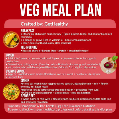 Veg meal plan with food items and benefits on a red background