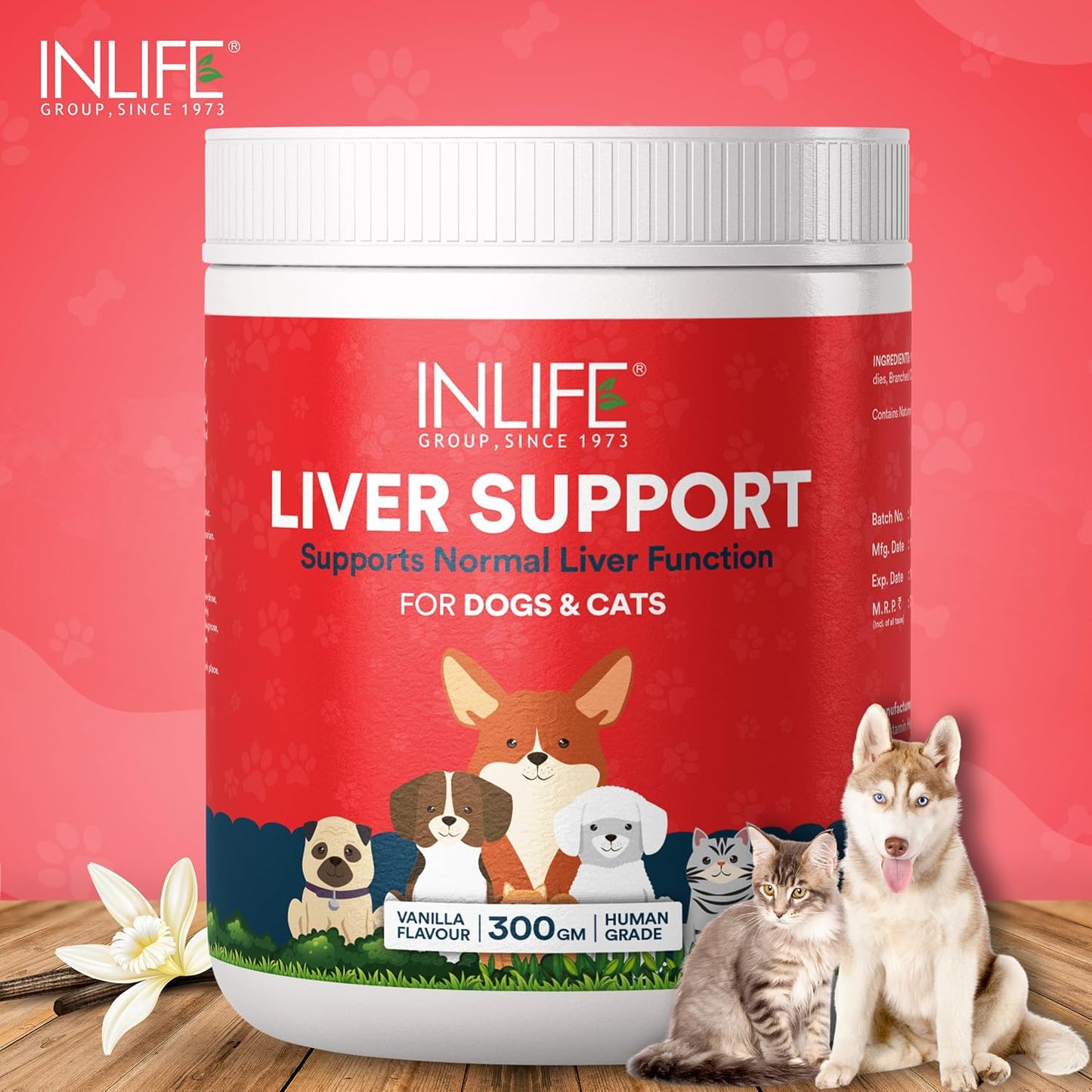 INLIFE Liver Detox Supplement for Dogs Cats and Pets | Liver Support Powder with Whey Protein, MCT, L-Carnitine, L-Taurine & BCAAs, 300g (Vanilla)