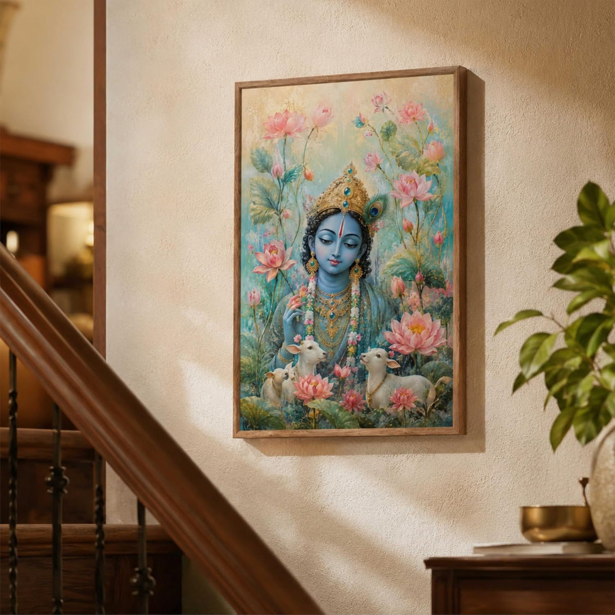 Lord Krishna Lotus Cow Wall Painting for Living Room Bedroom Kids Room Decor, Devotional Artwork with Sparkle Laminate and Premium Wooden Synthetic Frame (13.5 x 19.5 Inch) NM01-4115