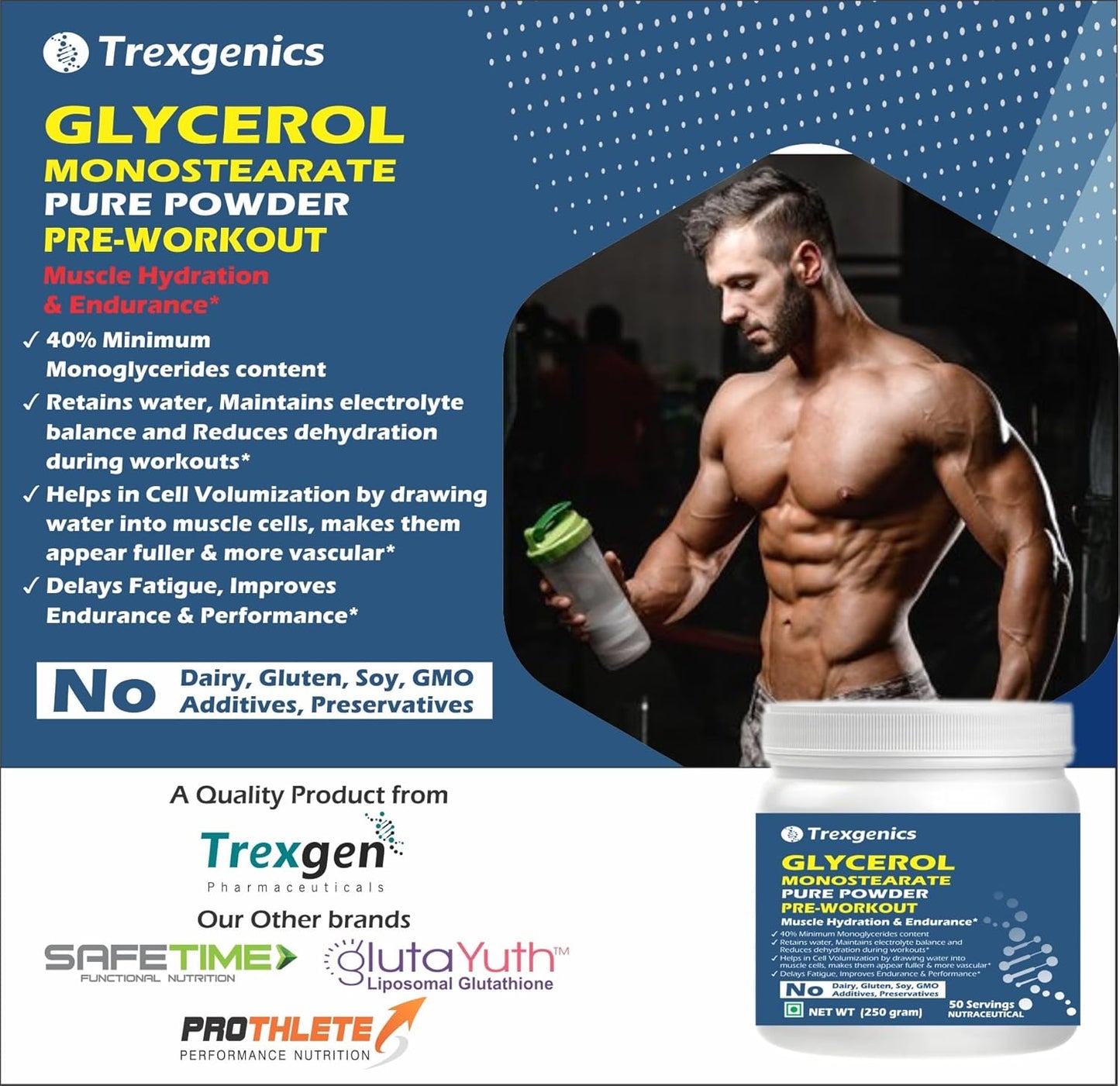 Trexgenics GLYCEROL MONOSTEARATE GMS Pure & Premium Powder Pre-Workout, > 40% Monoglycerides content 50 servings (250 gram)