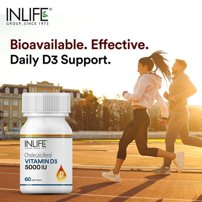 INLIFE Vitamin D3 5000 IU Cholecalciferol with Coconut Oil Supplement for Better Absorption, For Men & Women, Immunity, Bone Health, Muscles - 60 Softgels