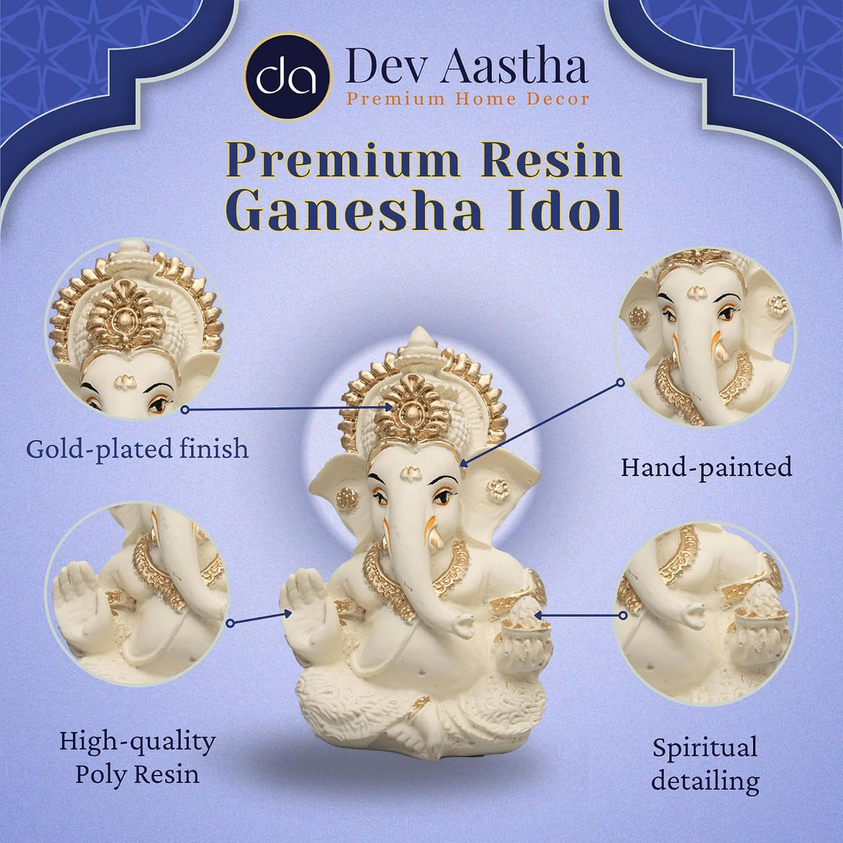 Lord Ganesha Idol for Car Dashboard, Home Decor & Pooja | Resin Gold Plated Ganpati Murti | 3.5 Inch Ganesh Statue for Gift, Diwali, Housewarming, Baby Shower, Mandir Decor, Off White, P -1