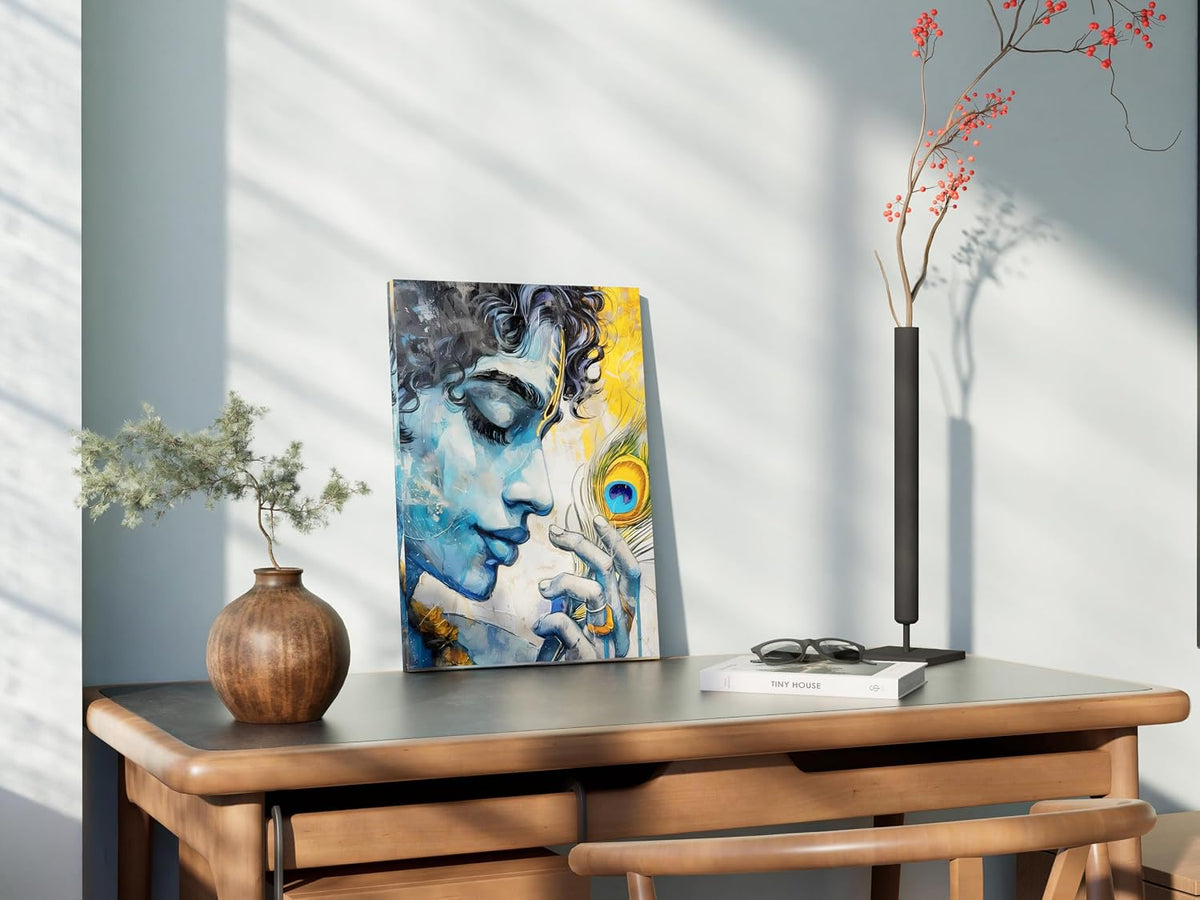 Lord Krishna Wall Art | Abstract Blue Canvas & Poster Print - 14x20 Inch - Modern Spiritual Home Décor