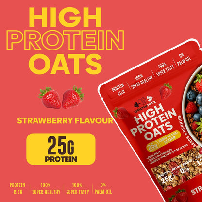 GrowFitz 25g High Protein Oats 800 Gram | Strawberry Flavor Breakfast Oatmeal | 12g High Fiber, Almonds, Raisin, Pumpkin, Chia Seeds, Super Rolled Oats | Healthy Fats, No Added Sugar (Pack of 1)