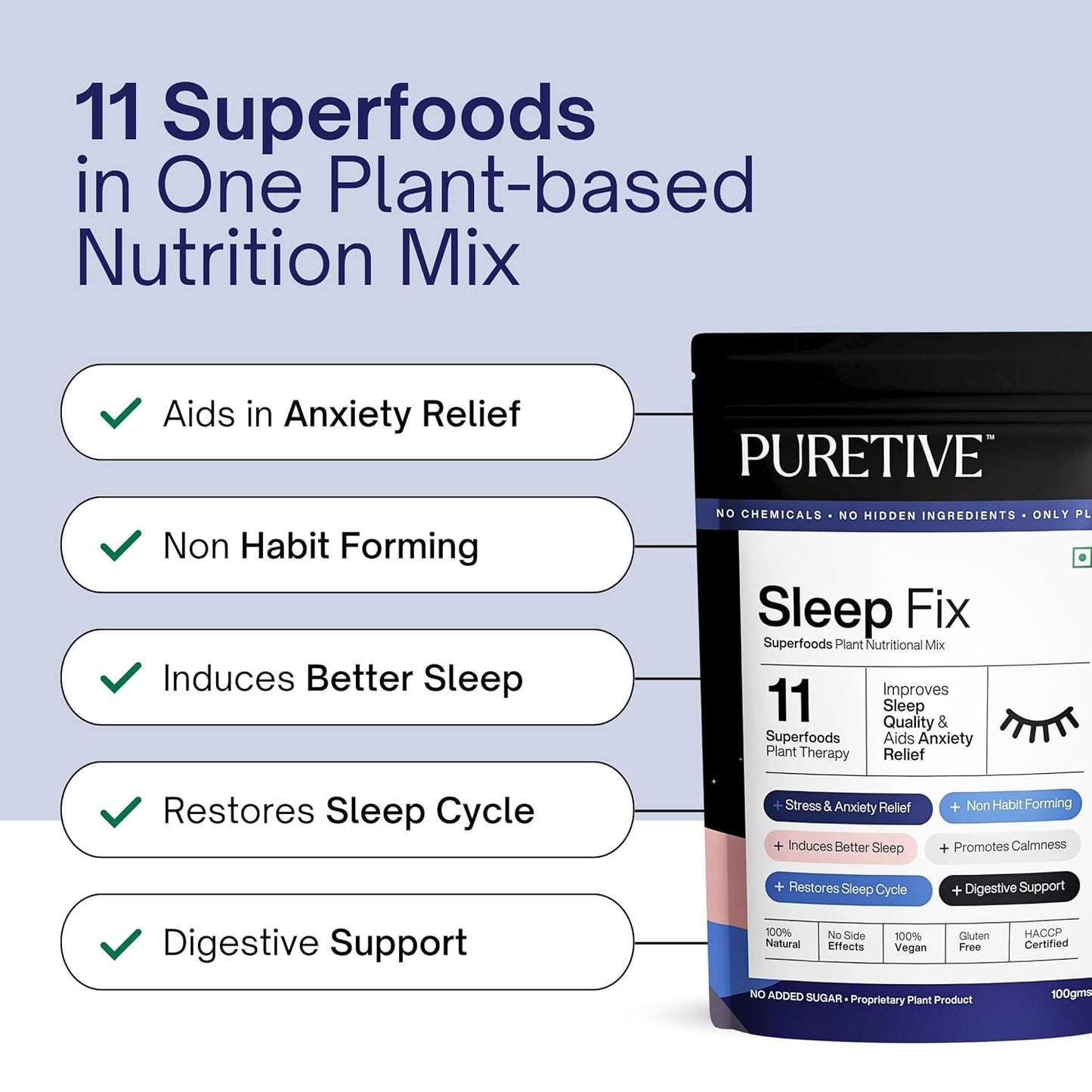 PURETIVE Sleep Fix nutrition mix packaging with benefits listed on a light blue background