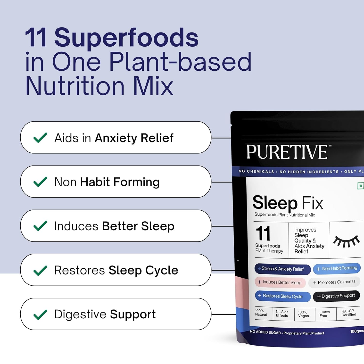 PURETIVE Sleep Fix nutrition mix packaging with benefits listed on a light blue background