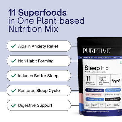 PURETIVE Sleep Fix nutrition mix packaging with benefits listed on a light blue background