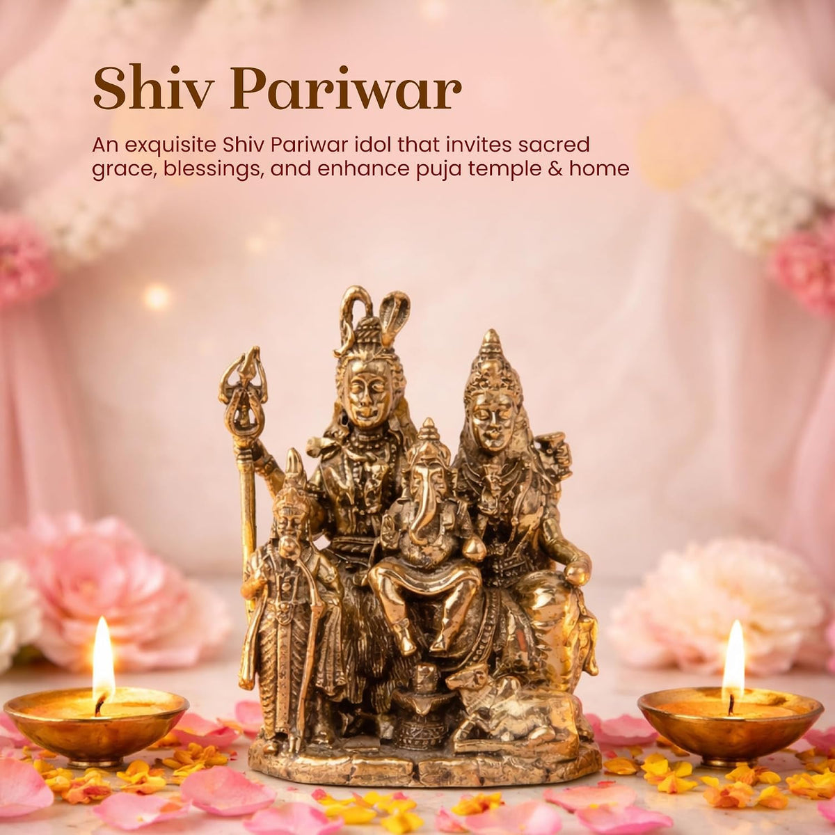 Handcrafted Brass Shiv Parivar Idol | Lord Shiva, Goddess Parvati & Lord Ganesha Murti for Home Temple & Pooja Room (Design04: L4 x W3 x H6 cm)