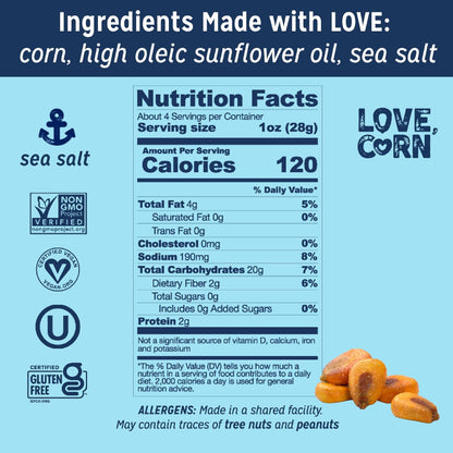 LOVE CORN Sea Salt | Delicious Crunchy Corn Natural Snack | 4 Ounce x 1 Bag | Non-GMO, Low-Sugar, Gluten-Free, Plant Based, Vegan, Low Sugar