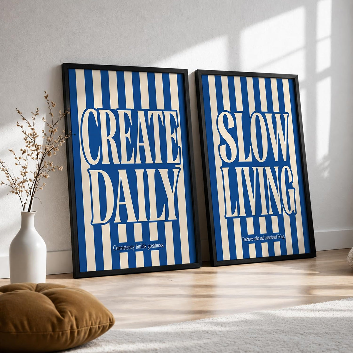 Slow Living Create Daily Wall Art Set of 2 Framed Paintings | Blue Striped Typography Motivational Poster | Office Bedroom Home Décor (Art 22, 10x13 Inches, Black)