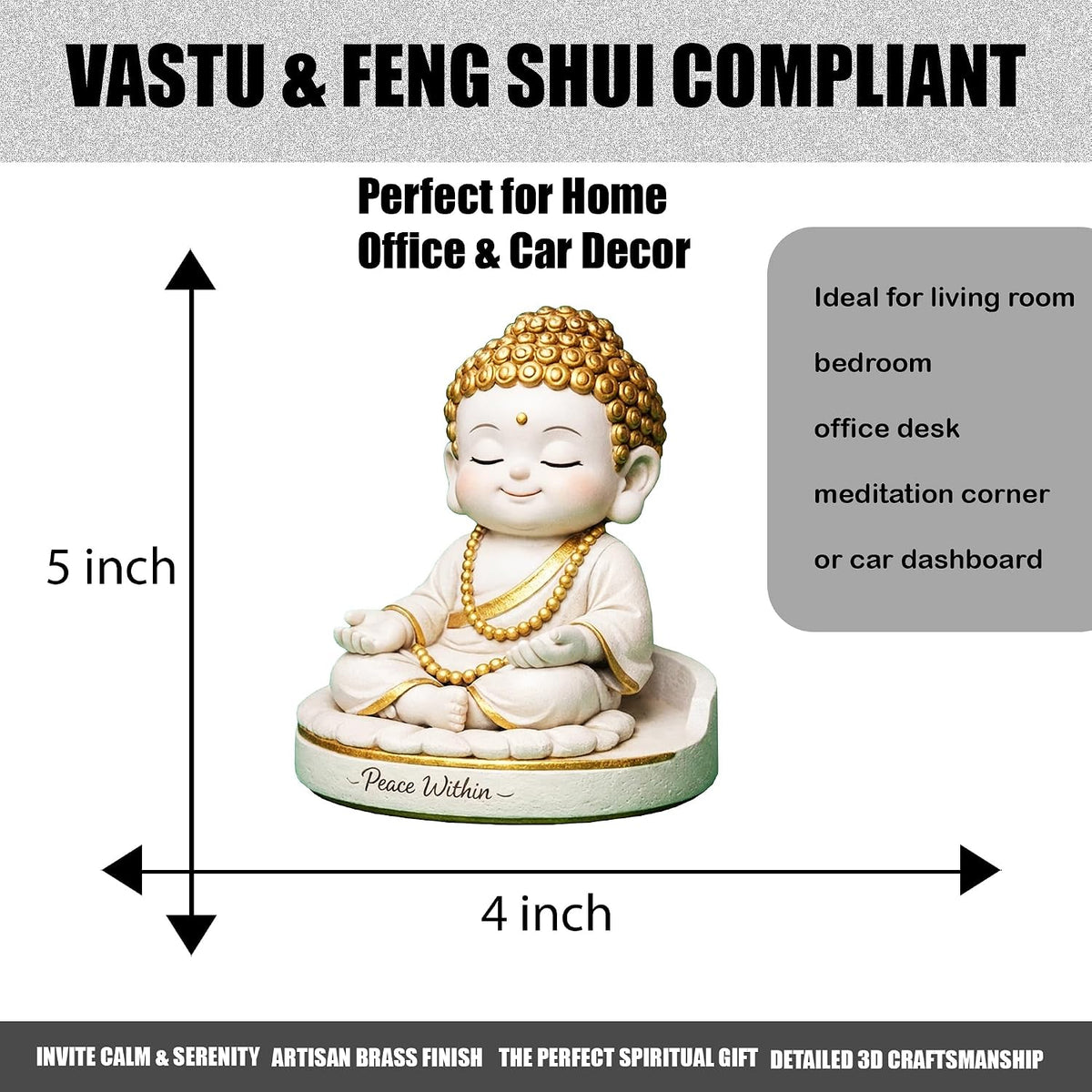 Baby Buddha Statue for Home Decor, 5 Inch White and Gold | Meditation Buddha Idol | Cute Monk Showpiece for Living Room, Office Desk, Table Decor & Gift Item