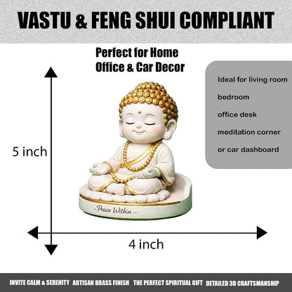 Baby Buddha Statue for Home Decor, 5 Inch White and Gold | Meditation Buddha Idol | Cute Monk Showpiece for Living Room, Office Desk, Table Decor & Gift Item