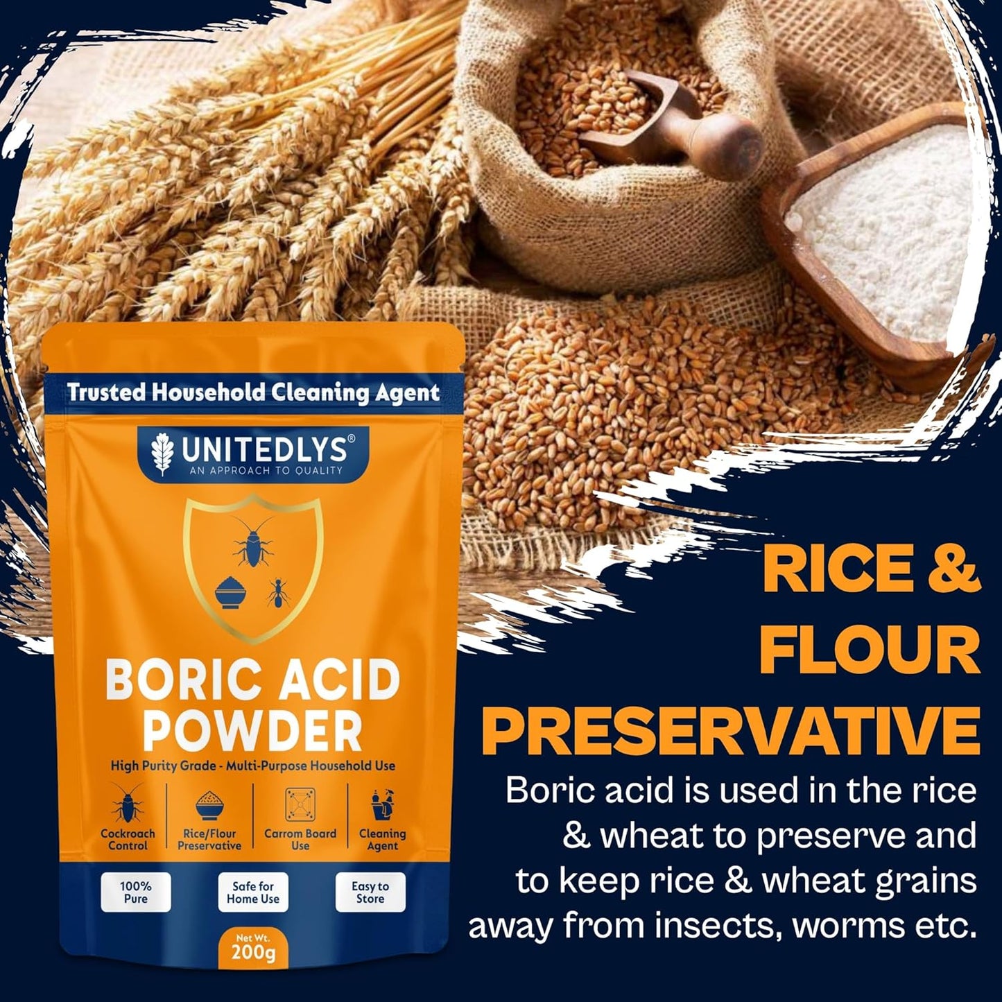 Unitedlys 200g Boric Acid Powder for Cockroaches Control | Multi Purpose Cleaner Powder for Household Cleaning, Carrom Board Use & Rice Storage Protection | Effective & Safe Stain Remover for Kitchen
