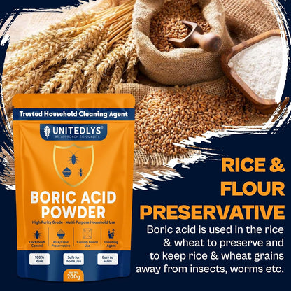 Unitedlys 200g Boric Acid Powder for Cockroaches Control | Multi Purpose Cleaner Powder for Household Cleaning, Carrom Board Use & Rice Storage Protection | Effective & Safe Stain Remover for Kitchen