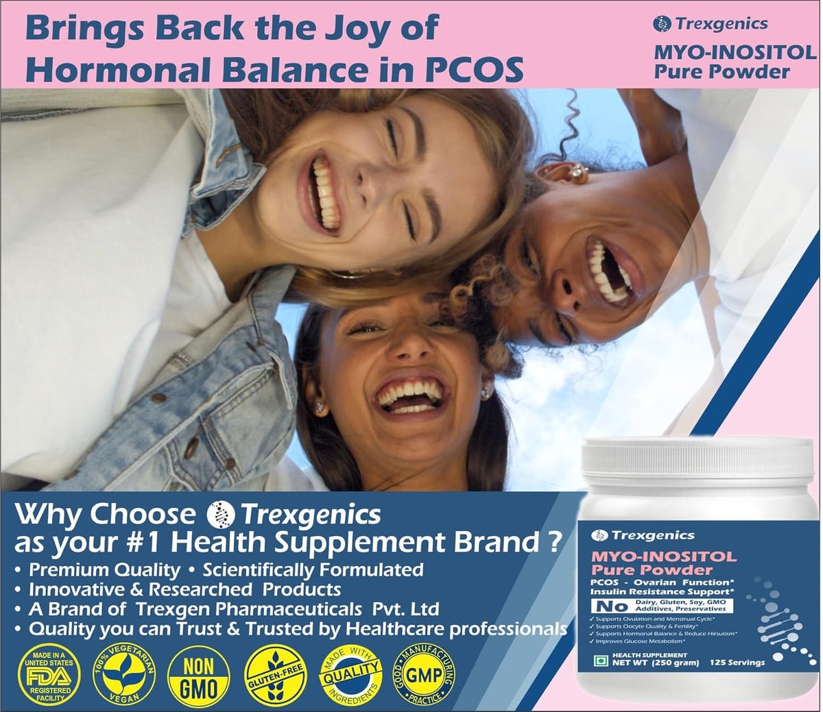 Advertisement for Trexegenics MYO-INOSITOL Pure Powder with a focus on hormonal balance in PCOS, featuring three people smiling.
