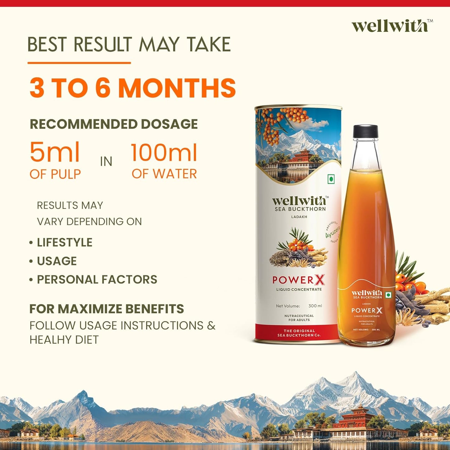 Wellwith (Ayuzera) PowerX 300ml Sea Buckthorn with Ashwagandha,Safed Musli, Gokhru & Akarkara | HimalayanSeabuckthorn Pulp Juice For Men (Pack of 1)