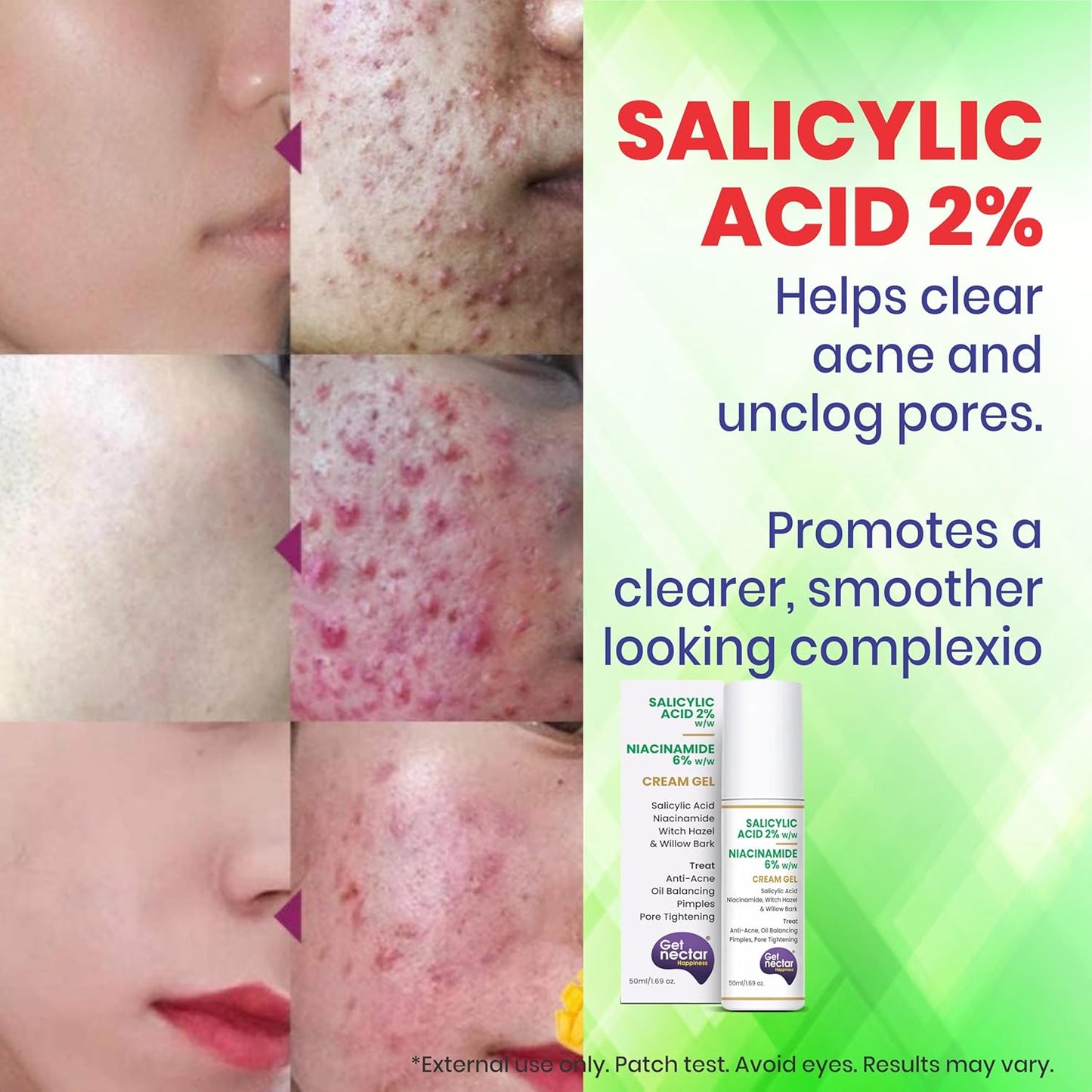 Advertisement for salicylic acid product showing before and after effects on skin.