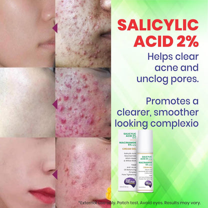 Advertisement for salicylic acid product showing before and after effects on skin.