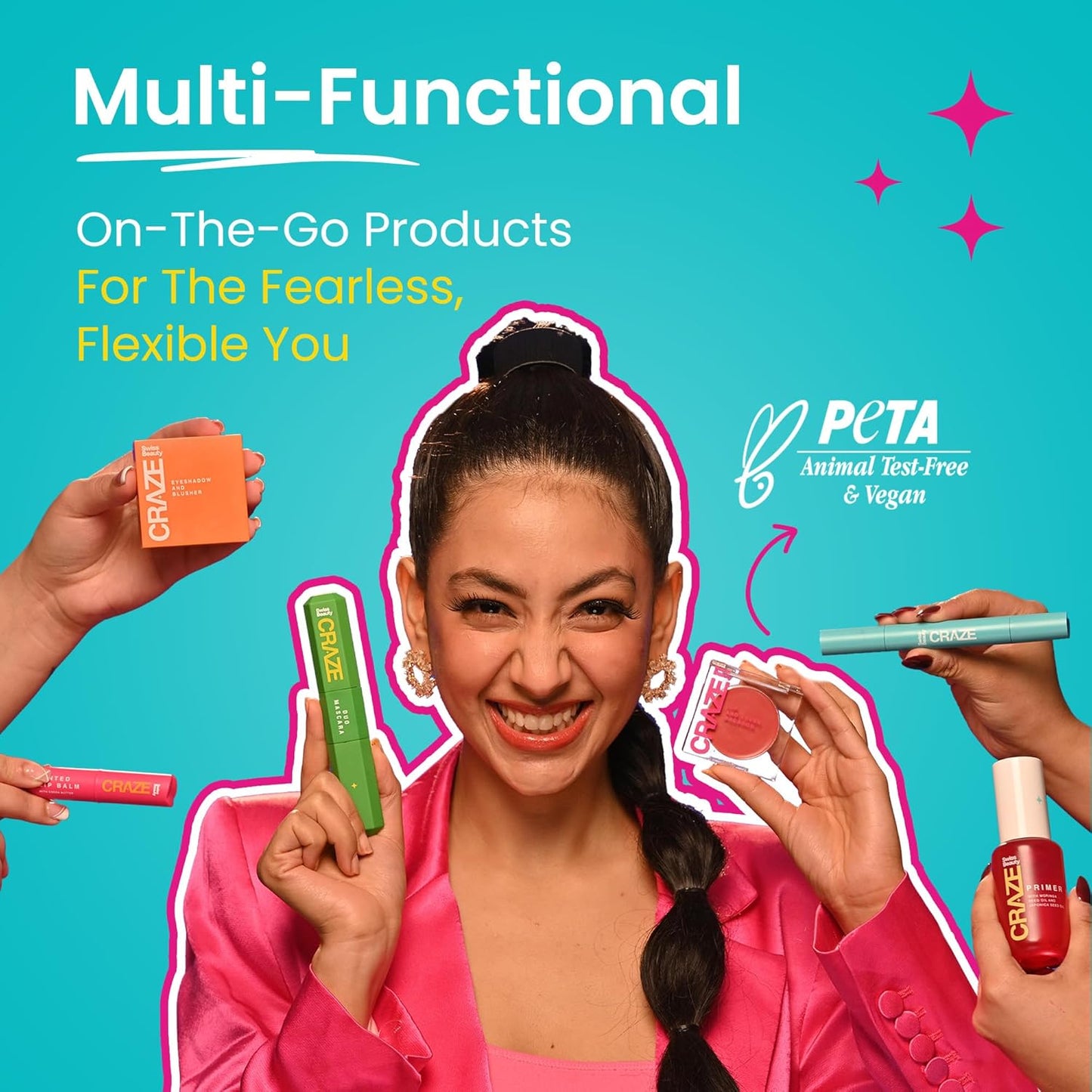Woman holding Crazel products with text 'Multi-Functional On-The-Go Products For The Fearless, Flexible You' on a blue background.