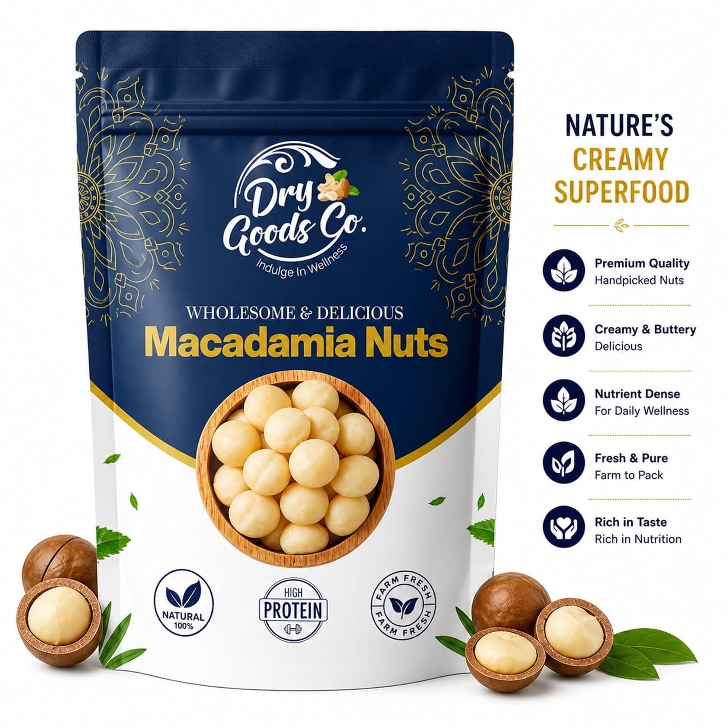 Dry Goods Co. Premium Macadamia Nuts | Jumbo Roasted & Salted Macadamia Kernels | Rich Buttery Taste | Healthy Snack | High in Fiber & Good Fats | Ready to Eat Gourmet Dry Fruits
